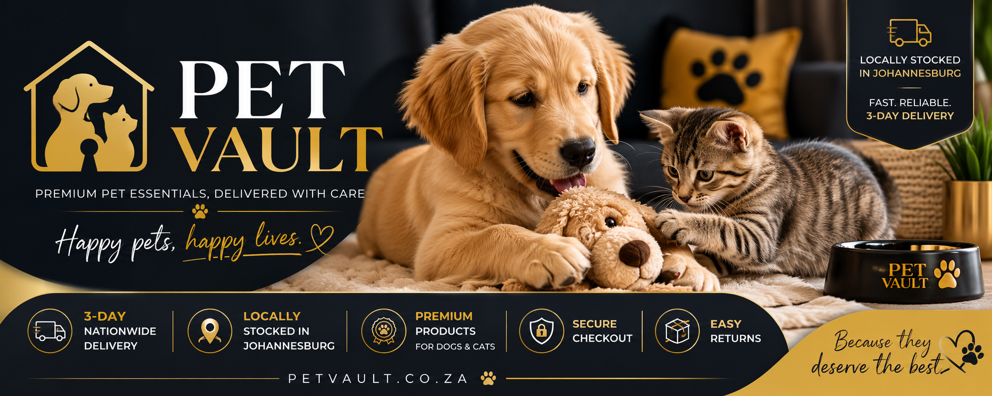 Promotional banner for Pet Vault featuring a golden retriever and a tabby cat lying together on a bed with a teddy bear, with the Pet Vault logo and service details displayed across the top and bottom.
